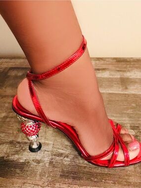 Red Strappy Ankle-Strap Heels with Embellished Heel